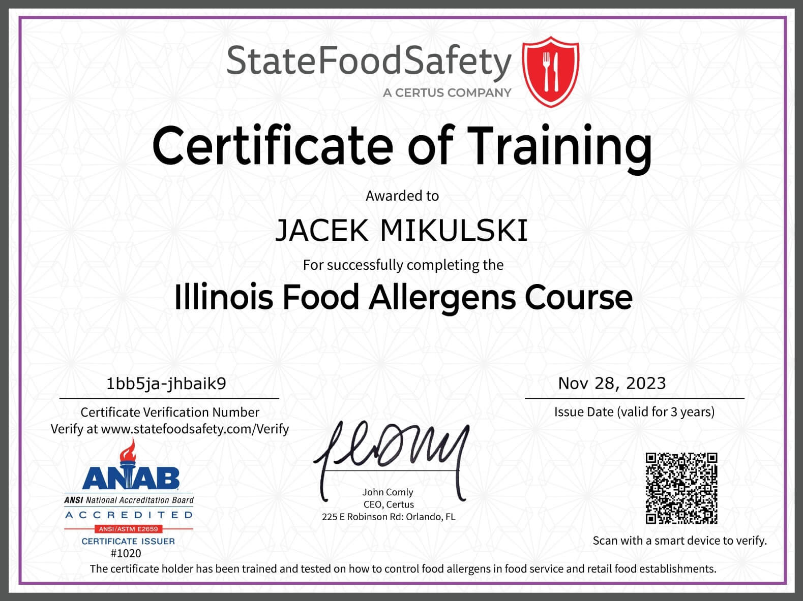 Illinois Food Allergens Course certificate