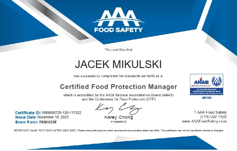Certified Food Protection Manager certificate